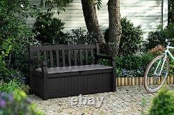 Grey Outdoor Storage Bench Garden Plastic Shed Waterproof Cushion Box Lockable